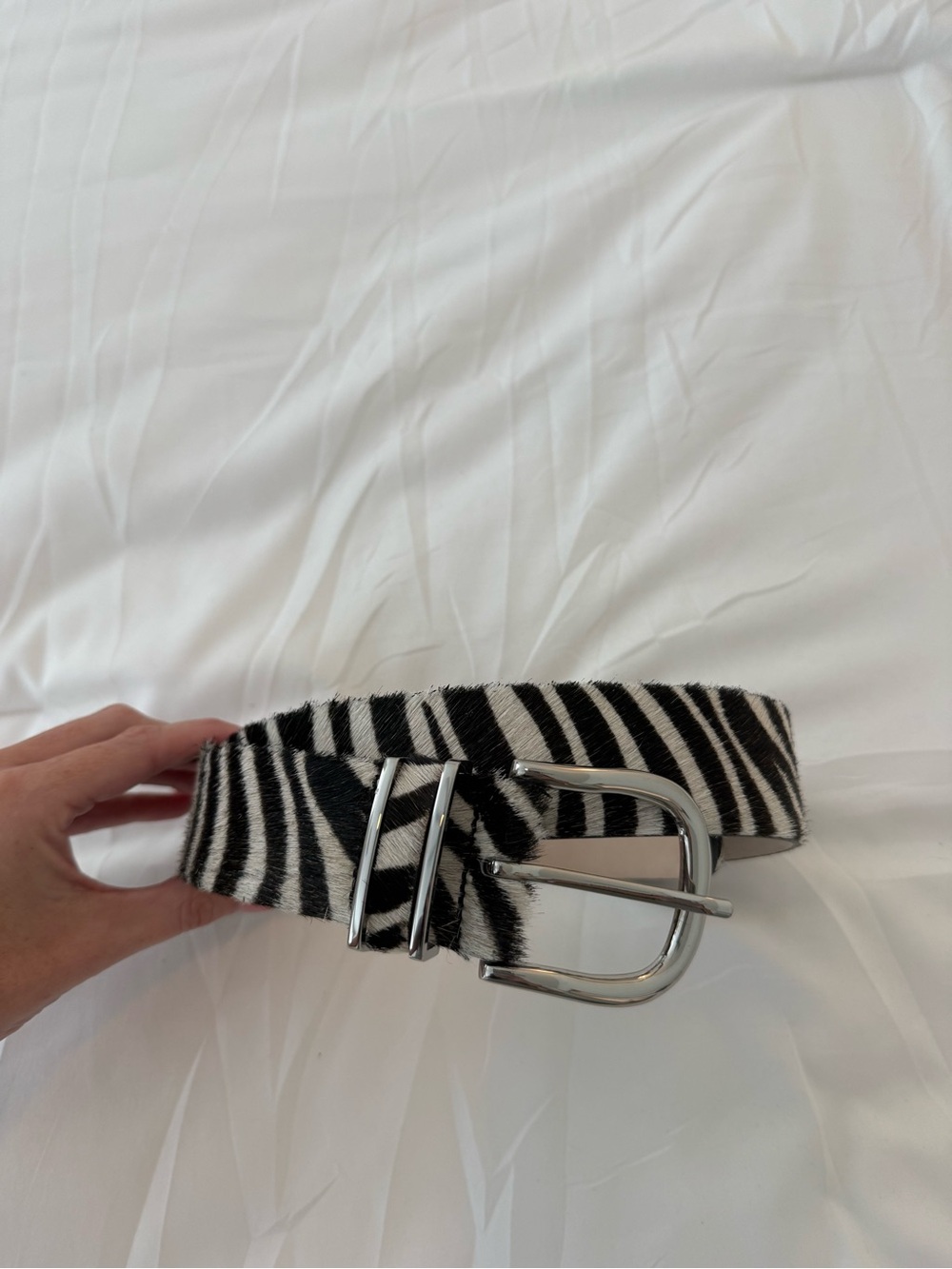 Zebra Print Leather Belt with Silver Buckle - Women Accessories